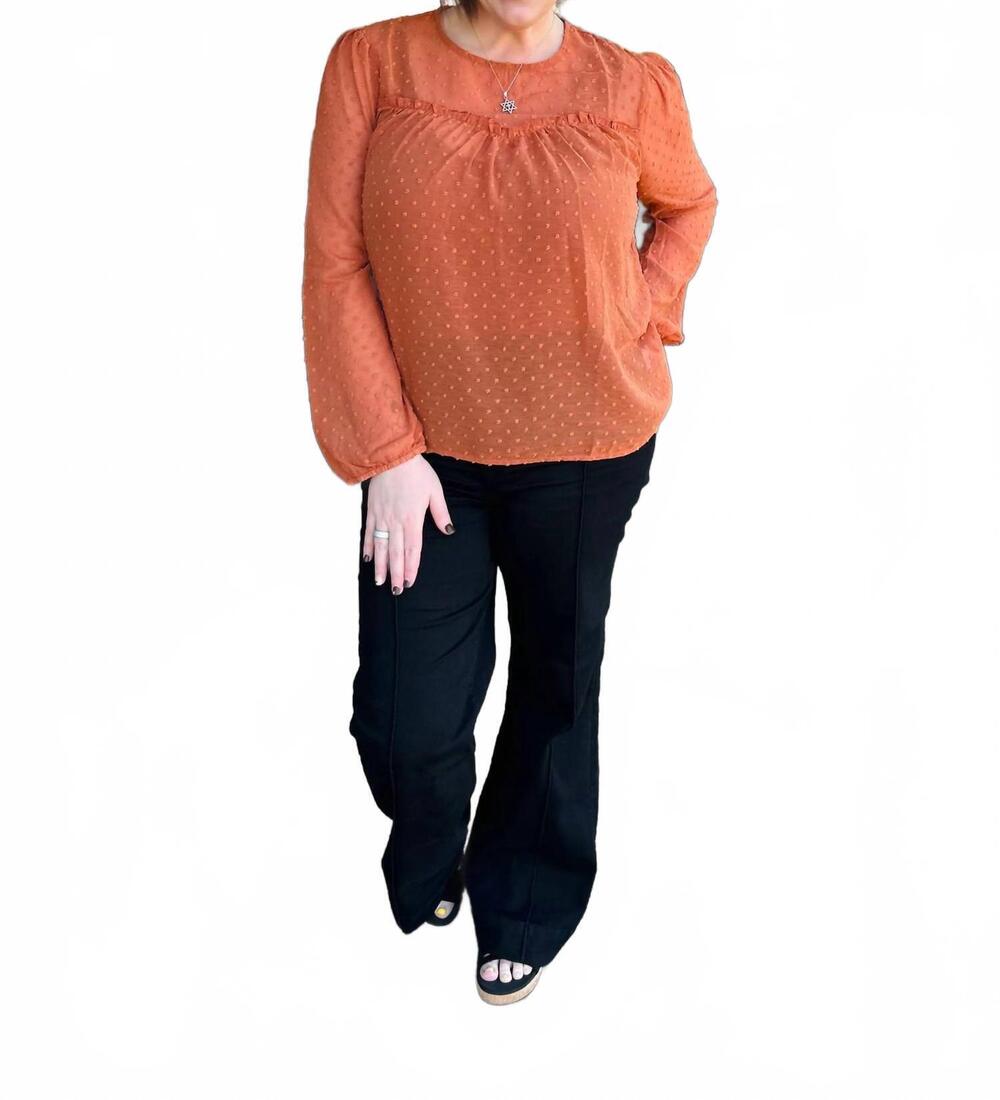 NEW MITTOSHOP swiss dot long sleeve blouse in pumpkin spice